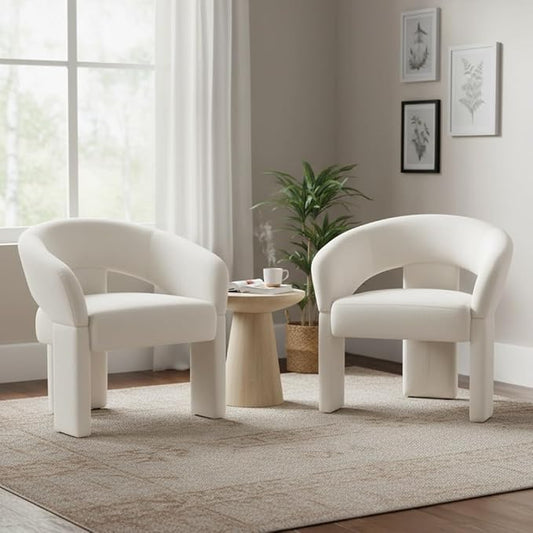 LukeAlon Mid Century Modern Velvet Accent Chairs Set of 2 – Round Barrel Back Armchairs, Comfy Upholstered Lounge Chairs for Living Room, Bedroom, Office, Waiting Rooms, Beige