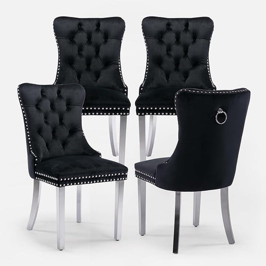 Velvet Upholstered Dining Chairs Set of 4, Modern Style Kitchen Side Chairs with Nailhead Trim and Silver Plated Leg, Metal Pulling Ring for Dining Room Living Room(Black, Set of 4)