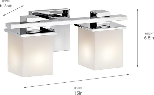 Kichler Tully 15" Vanity Light in Chrome, 2-Light Modern Bathroom Light with Satin Etched Cased Opal Glass, (15" W x 6.5" H), 45150CH