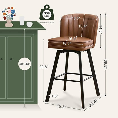 Swivel Counter Height Bar Stools Set of 4, 30'' Modern Barstools with Backs and Metal Legs, Upholstered Bar Chairs, Faux Leather Dark Brown Stools for Kitchen Island Chairs
