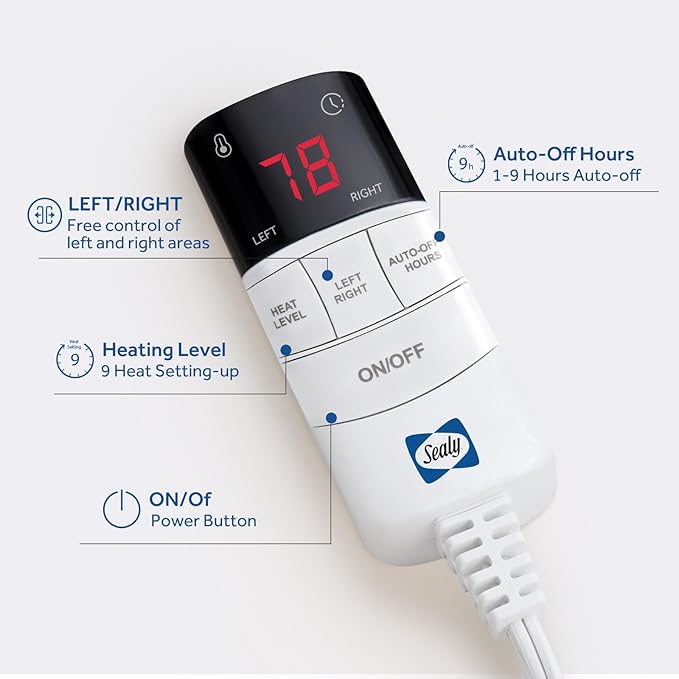 Sealy Heated Mattress Pad King Size Single Control for 2 Zones, 9 Heated Settings & 1-9 Hours Auto Shut Off, Luxury Quilted Bed Warmer with ETL Certified, Soft Extra-Cozy Fabric