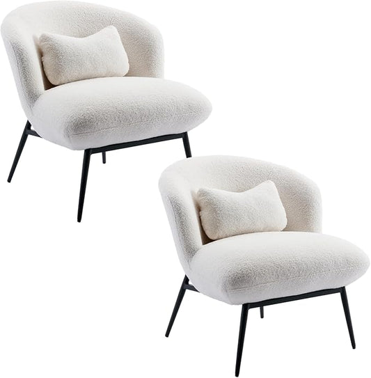 HEAH-YO Modern Accent Chairs Set of 2, Upholstered Sherpa Side Chairs with Barrel Backrest and Metal Legs, Comfy Armless Chair for Living Room Bedroom, White