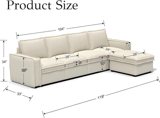 EALSON 119" Modular Sectional Sofa Comfy Cloud Couch with Ottoman Modern Convertible L Shape Couches with Wooden Legs Linen Deep Seat Couch 4-Seater Sofa with Ottoman for Living Room/Apartment,White