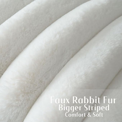 FUTEI Cream White Decorative Throw Pillow Covers 16x16 Inch Set of 2, Square Soft Faux Rabbit Fur Thick Striped Cushion Cover,Winter Home Decor for Couch Bed Living Room