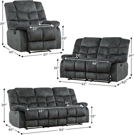 CANMOV Manual Reclining Sofa Set, 3 Pieces Sofa Set, Manual Recliner Chair, Reclining Loveseat and 3-Seat Sofa for Living Room, Furniture Set, Grey(1+2+3)