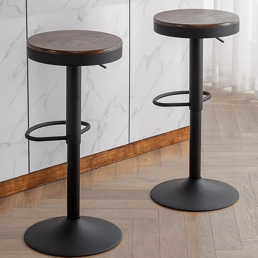 Kidol & Shellder Backless Counter Stools Set of 2 Swivel Adjustable Height BarStools Round Walnut Wooden Seat Modern Armless Bar Chairs for Kitchen Island Dining Room Cafe (Black)