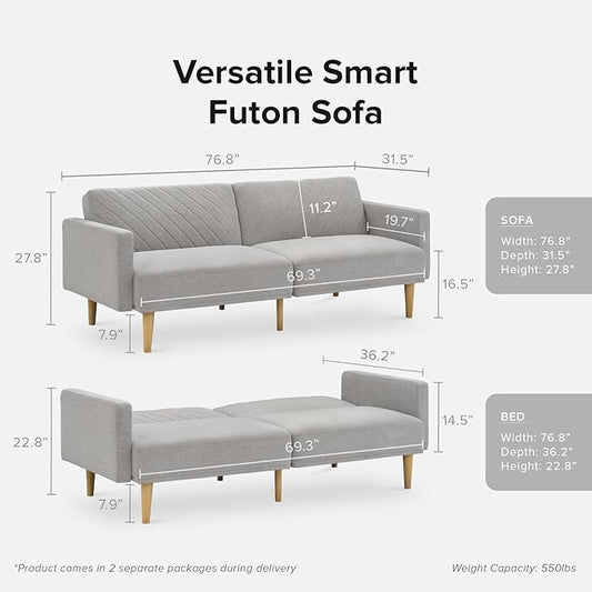 mopio 76.4" Futon Sofa Bed, Couch, Loveseat, Sleeper Sofa, Mid Century Modern Futon Couch, Sofa Cama, Couches for Living Room (Light Gray Fabric)