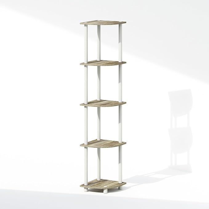 Furinno Turn-N-Tube Corner Shelf, 5-Tier Corner Display Rack, Shelving Unit, for Organization and Storage, Living Room, Home Office, Garage, Bedroom, Sonoma Oak