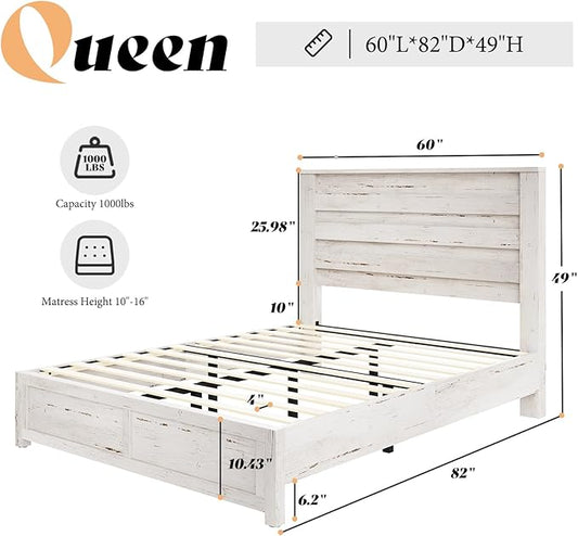 AMERLIFE Farmhouse Queen Size Bed Frame with 49" Fluted Headboard, Wood Platform Bed with Natural Grain, No Box Spring Needed/Noise Free, Distressed White
