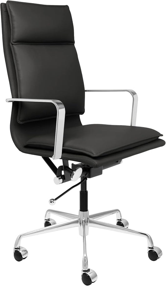 Laura Davidson Furniture Lexi II Padded Office Chair - Tall Back Desk Chair with Aluminum Arm Rest, Swivel & Cushion Availability, Made of Faux Leather, Black, Computer Chair