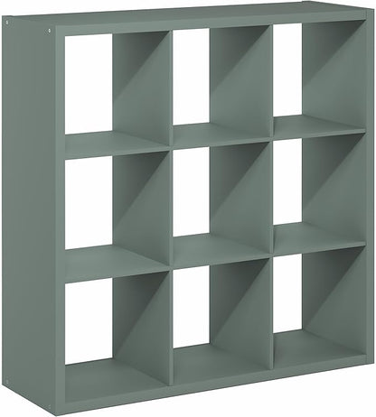 Furinno Cubicle Book Shelf, 9-Cube Thick Frame Bookshelf, Reversible Bookcase with Open Back, 14.6" x 43.8" x 43.8", for Living Room, Bedroom, Home Office, Sage Green