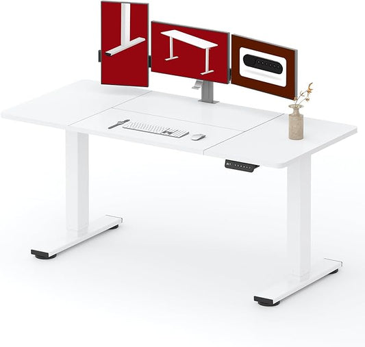 SANODESK Standing Desk Height Adjustable Electric Stand up Desk 63x28 Inches Sit Stand Home Office with Splice Board, White Frame/White Top