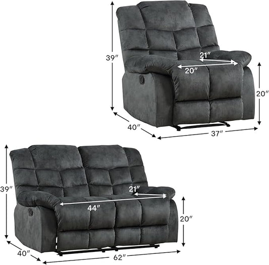 CANMOV Manual Reclining Sofa Set,2 Pieces Sofa Furniture Set for Living Room, Manual Recliner Chair and Recliner Loveseat with Arms for Living Room, Bedroom, Grey(1+2)