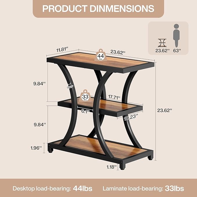 Tribesigns End Table with Storage, 3-Tier Side Table with Geometric Metal Design, Industrial Nightstand for Small Spaces, Living Room, Bedroom, Study Room (1, Rustic Brown)