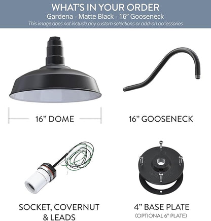 Steel Lighting Co. Gardena Barn Light | Outdoor Wall Mounted | 16" Dome | 16" Gooseneck | Farmhouse Light Made in America | Matte Black Exterior/White Interior