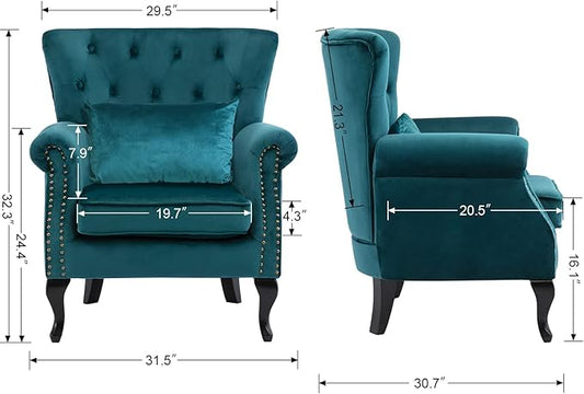 Mid Century Modern Accent Chair Upholstered Armchair Comfy Velvet Fabric Single Sofa with Tufted Wingback for Small Spaces Bedroom Living Room, Teal