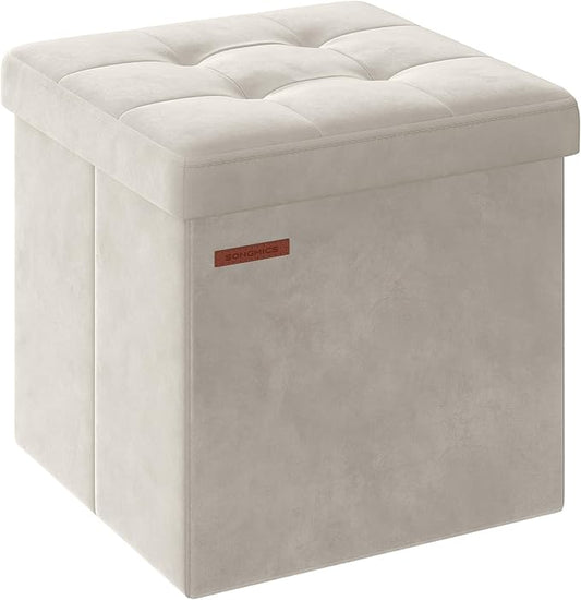 SONGMICS Small Storage Ottoman, Folding Ottoman Cube, 15 x 15 x 15 Inches, Footstool, Footrest, 11 Gal. (43 L), Velvet Surface, for Bedroom, Living Room, Dorm, Cream White ULSF227W01
