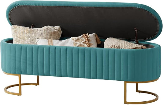 EcoHarbor Living 50.5" Storage Bench Hallway Ottoman,Upholstered End of Bed Bench Velvet with Gold Legs,Flipping Lid Entryway Footrest