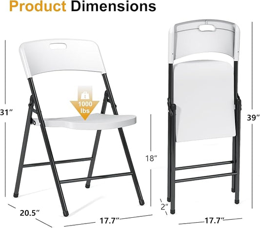 4 Pack White Folding Chairs, 700lbs Capacity Heavy Duty Folding Chair with Reinfoced Steel Frame for Indoor/Outdoor Use, Plastic Foldable Chairs for Party, Patio, Meeting, Wedding and School