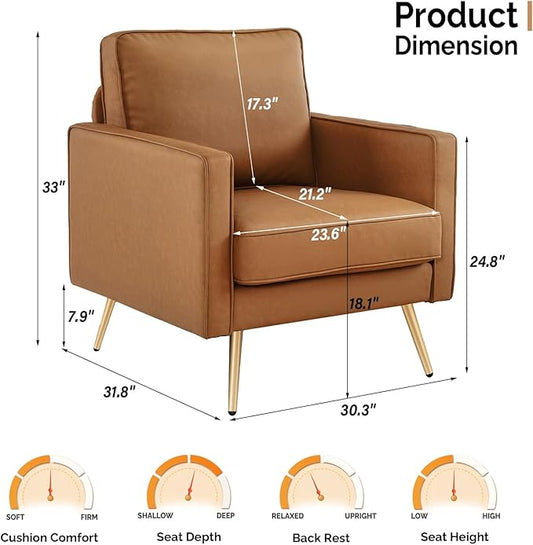 VINGLI Living Room Chairs Set of 2, Brown PU Leather Accent Chair Mid Century Modern Upholstered Sofa Chairs with Arms, Gold Legs for Living Room, Bedroom, Apartment
