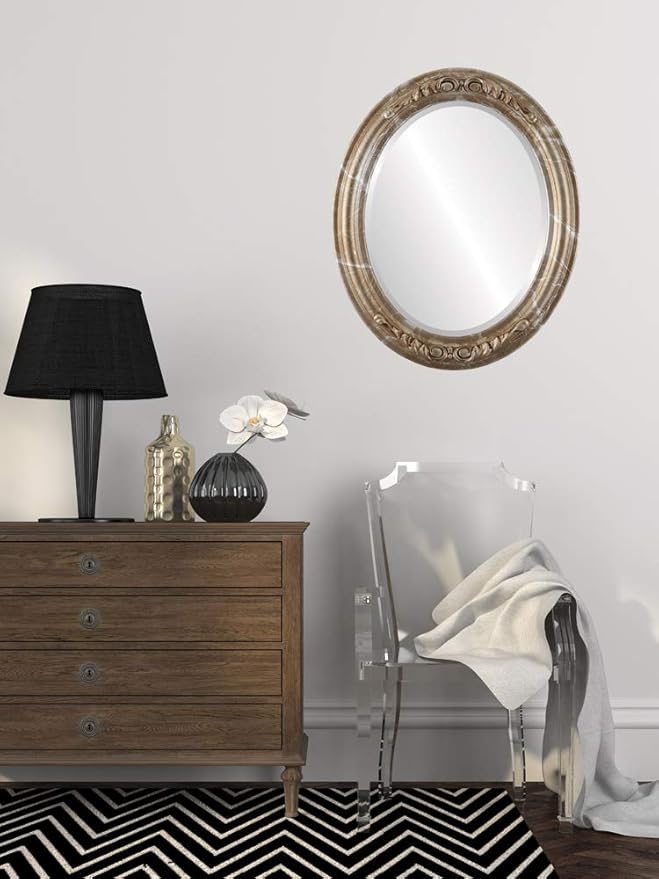 OVALCREST Oval Beveled Wall Mirror for Home Decor - Florence Style - Champagne Silver - 32" x 26"