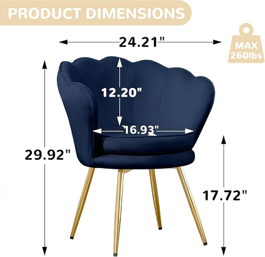 Velvet Vanity Chair with Back, Mid-Century Modern Small Accent Chair for Living Room, Golden Metal Legs Upholstered Makeup Chair, 1Pcs Bedroom Armchair, Dark Blue