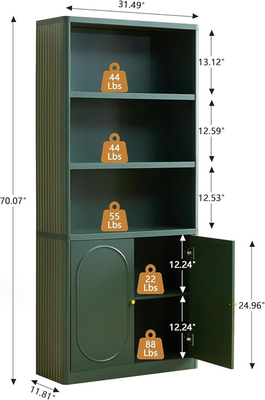 70.8" Tall Fluted Bookshelf with Storage Cabinet, Modern 5-Tier Wood Bookcase with Open Display Storage Shelf, Gold Handles for Office Living Room (Green)