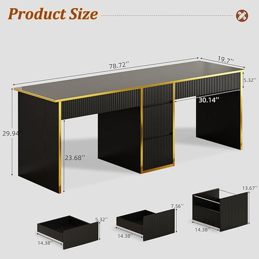 4 EVER WINNER 78.72‘’ Extra Long Black Desk with Drawers, 2 Person Desk with 5 Storage Drawers, Computer Desk with Storage Shelves,Double Desks Workstation with Shelf for Home Office, Black