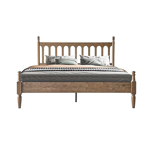 Queen Size Bed Frame with Headboard & Footboard, Solid Wood Platform Design, Center Metal Legs with 12 Durable Slatted Base, No Box Spring Needed, Anti-Slip & Noise-Free, Barnwood Finish, WCQ-30
