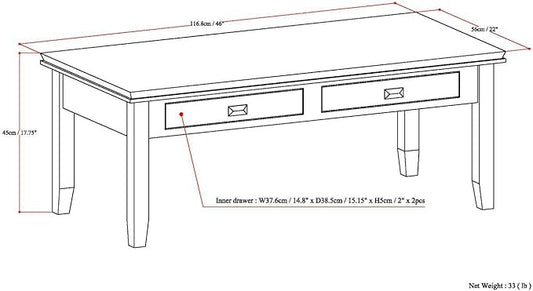 SIMPLIHOME Artisan Coffee Table - 46 inch Wide Solid Wood Transitional Cocktail Table in Russet Brown, Classic Living Room Table with 2 Drawers, Open Shelf, and Square Brushed Nickel Knobs