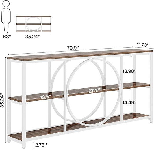 Tribesigns 70.9 inch Sofa Console Table, Extra Long Narrow Entryway Tables with 3 Tier Wood Storage Shelves Industrial Metal Frame for Foyer Hallway Living Room Behind Couch, White Walnut