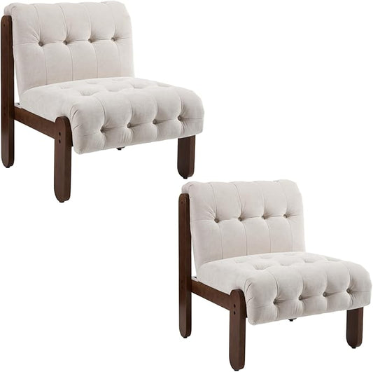 HEAH-YO Accent Chair Set of 2,Modern Vintage Living Room Chair for Bedroom with Button Tufted Back and Wood Legs,Upholstered Comfy Reading Chair for Makeup Vanity Cafe,Chenille Beige