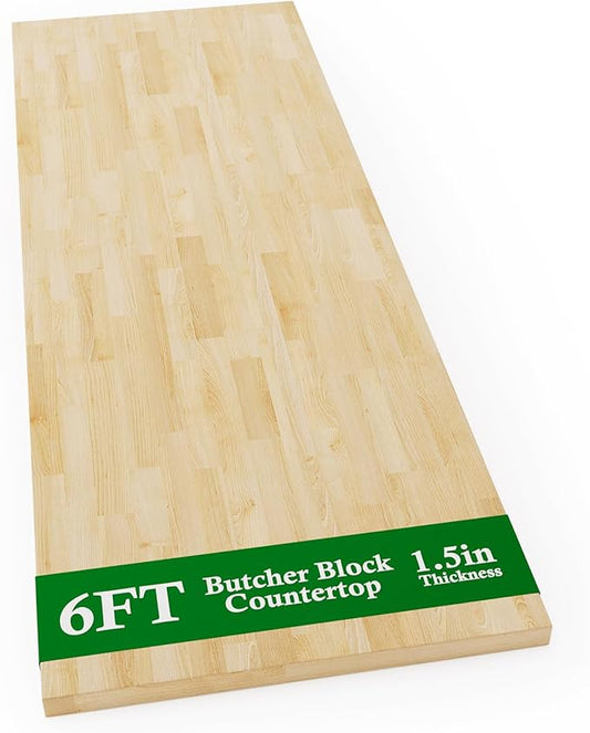 6FT Butcher Block Countertop Birch Solid Wood - 72" x 25" Table Top Butcher Block Cutting Board for Kitchen Island Living Dining Table Office Desk Workbench Washer Dryer Countertop Unfinished 1.5" Th