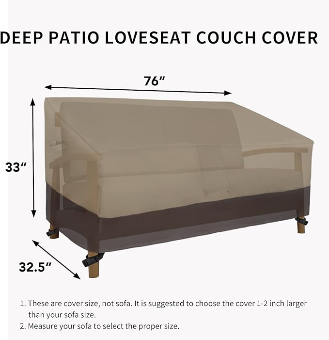 Easy-Going Heavy Duty 2-Seater Patio Couch Cover - Windproof Outdoor Furniture with Air Vent (76Wx32.5Dx33H inch, Camel/Dark Brown)