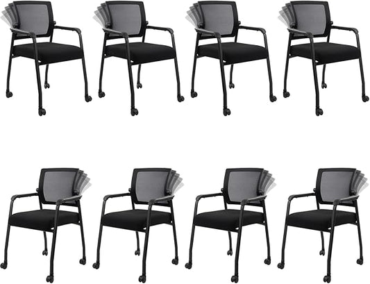 8PK Office Guest Chairs No Wheels | Ergonomic Lumbar Support and Thicked Seats Cushion, Desk Chair with Adjustable Mesh Back for Waiting Room School Church Reception，Black