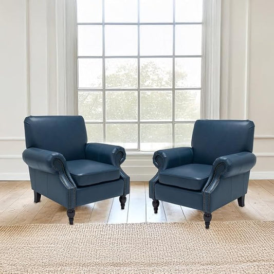 Accent Chair,22.4" Seat Depth Armchair with Roll Arms,36.6W*34.3D*34.6H Living Room Chair,Wood Legs,Set of 2,Faux Leather in Navy