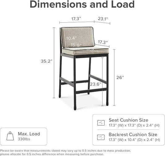 mopio Odelia Patio Counter Stool Set of 2, Outdoor Chair with Removable Cushions and Rust Free Metal Frame, Dining Sets for Front Porch, Balcony, Yard, Bistro (Counter Stool x2, Beige)