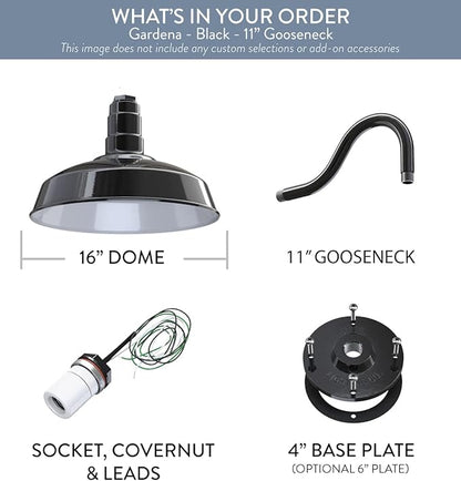 Steel Lighting Co. Gardena Barn Light | Outdoor Wall Mounted | 16" Dome | 11" Gooseneck | Farmhouse Light Made in America | Black Exterior/White Interior