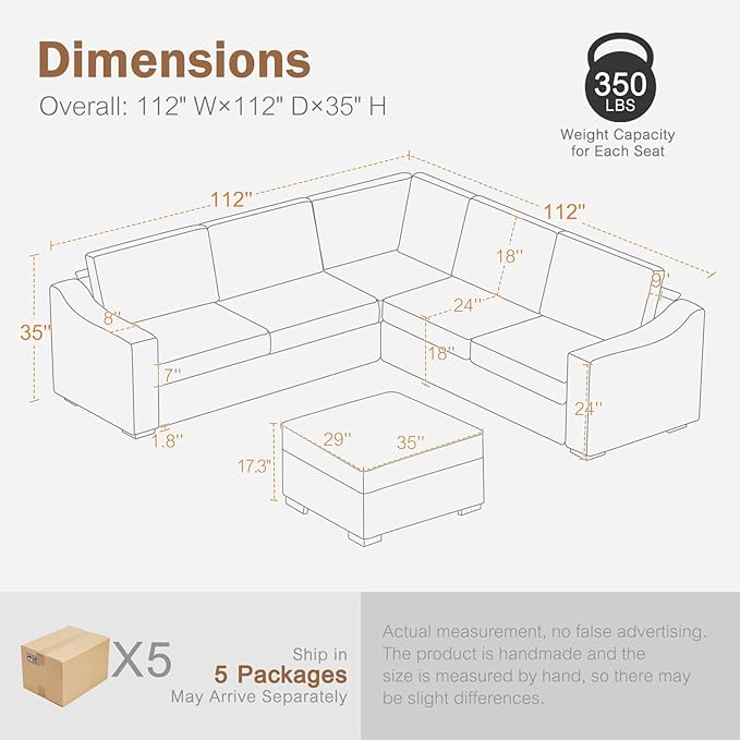 ABCASA 112" Modular Sectional Sofa, Large 7 Seater L Shaped Couch with Detachable Sofa Cover, Movable Ottoman, Deep Seat Corner Couch for Living Room, Apartment - Linen Fabric, Ivory