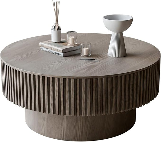 31.5'' Round Coffee Table for Living Room, Fluted Coffee Tables with Hidden Storage, Solid Wood Veneered Circle Modern Tea Table for Small Space Apartment (Grey-31.5''D×14''H)