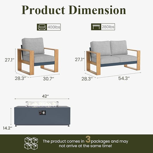 LayinSun 4 Pieces Aluminum Patio Furniture Set with Fire Pit Table, Oversized Seat with Hight Back, Outdoor Conversation Sets for Porch, Balcony, Deck