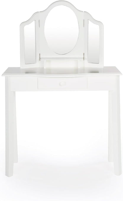 Guidecraft Classic White Vanity and Stool Set for Kids Age 3-8, Pretend Play Vanity with Mirrors for Girls, Wooden Makeup Table with Storage Drawer