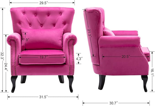 Mid Century Modern Accent Chair Upholstered Armchair Comfy Velvet Fabric Single Sofa with Tufted Wingback for Small Spaces Bedroom Living Room, Hot Pink