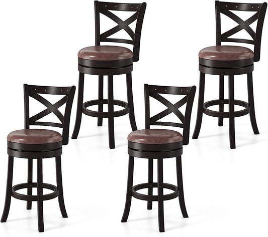 COSTWAY Bar Stools Set of 4, 26" Swivel Counter Height Bar Chairs with Copper Nails, Upholstered Seat, X-Shaped Backrest, Solid Rubber Wood Frame, for Kitchen Island Pub Bar