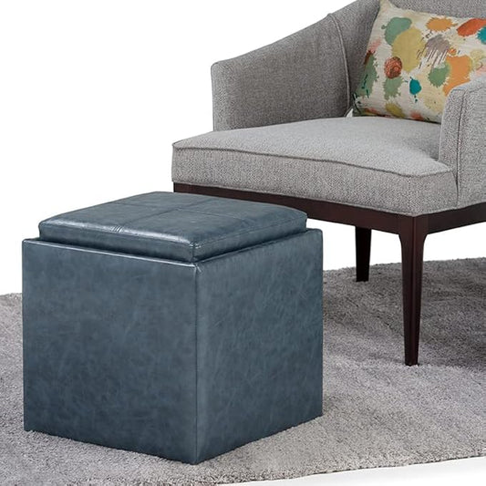 SIMPLIHOME Rockwood 18 inch Wide Contemporary Square Cube Storage Ottoman with Tray in Denim Blue Vegan Faux Leather, Assembled, For the Living Room, Entryway and Family Room
