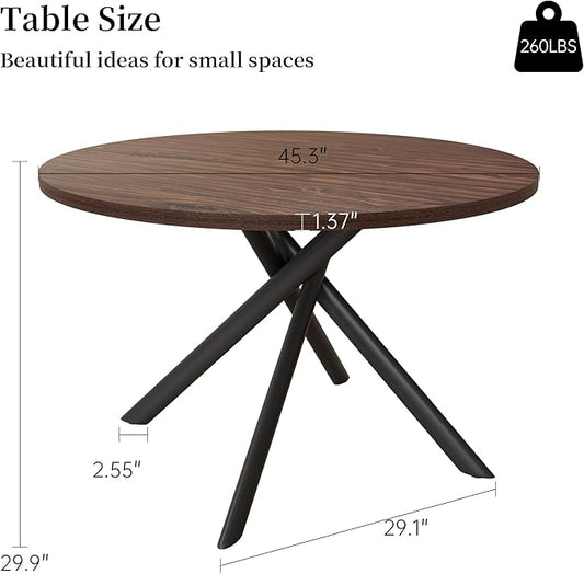 45.3 Inch Modern Round Dining Table for 4, Space-Saving Dinette with Carbon Steel Legs for Home Kitchen Apartment(Dark Walnut Table)
