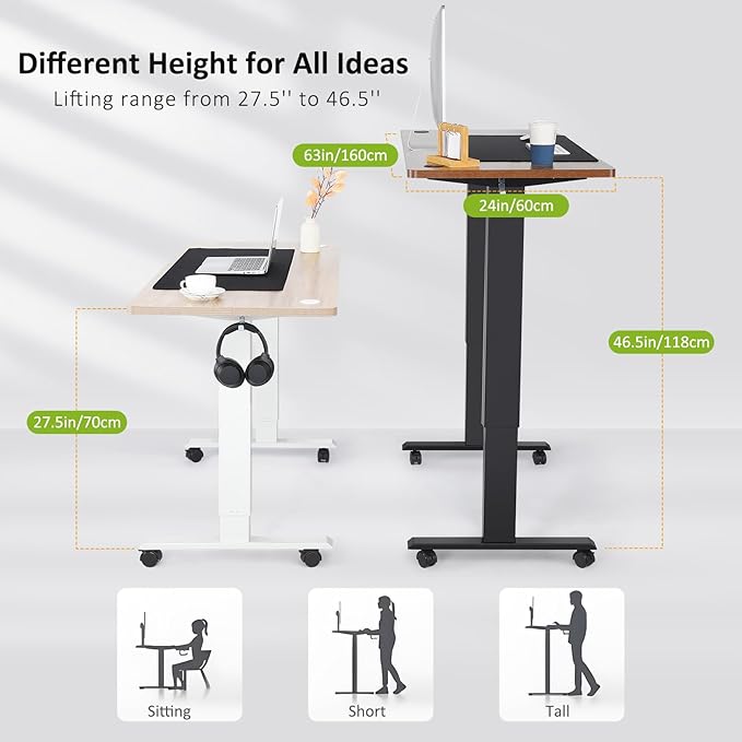 farexon arexon Electric Standing Desk 63 x 24In with Charging Station, Rolling Stand up Desk with Oversized Mouse Pad, 2 USB Ports & 3 Power Outlets, 4 Casters, 4 Preset Heights Easy to Set（Black
