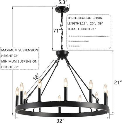 Black Wagon Wheel Chandelier 32 inch,12-Light Farmhouse Wagon Wheel Chandeliers Round Industrial Ceiling Light fixtures for Outdoor Porch high Ceilings Living Dining Room Foyer Entryway