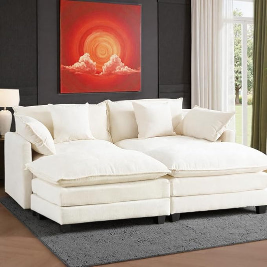 Expandable L-Shaped Sectional Sofa with Ottoman for Apartments, 77" Cloud Chenille Sofa, Create a U-Shape Layout with Optional 2nd Ottoman, Solid Wood Frame, Easy Assembly