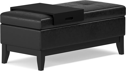 SIMPLIHOME Oregon 42 inch Wide Transitional Rectangle Storage Ottoman Bench with Tray in Distressed Black Vegan Faux Leather, Assembled, For the Living Room, Entryway and Family Room